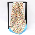 Silky satin square headscarf with vibrant hand-painted floral print and blue hem edge - Colorful Small Flowers Beige Base Blue Edge (SD90-10-2)