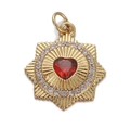 Golden heart pendant with red crystal and sparkling zircon halo on white background - CX150-01 Heart Sunburst - Red Stone