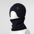 Men's navy blue winter knit hat and neck warmer set with thick plush fleece lining - Hat + Neck Warmer / Navy Blue Set