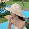 Women's beige organza flower sun hat with wide brim for beach vacation and sun protection - Beige