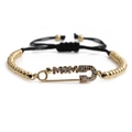 Adjustable gold MOM bracelet with colorful zircon safety pin charm on black cord - Copper Beads Black Rope / Black