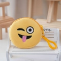 Detail of round plush yellow coin purse with winking embroidery and plastic hook - Yellow