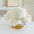 Detail of cream straw hat with white lace trim and purple tulip floral pendants - 52cm (2-5 Years) / Hat Only / Cream