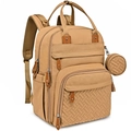 Detail view of large capacity diaper backpack with side pocket and quilted coin purse charm - Brown