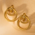 Golden double-loop stainless steel drop earrings with textured geometric patterns - Gold Embossed Double Hoops (BJGE0729)