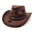 Brown wool felt Western cowboy hat with star patterns and a silver bull skull metal ornament - M (56-58cm) / Coffee