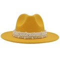 Detail of yellow wool felt fedora hat featuring a multi-layered pearl bead decorative band - Yellow (Large Pearl)