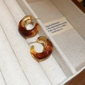 Vintage amber resin C-shape hoop earrings with gold accents on beige velvet background - 11# Silver Earring Post-Brown-Gold-Vintage C-shaped