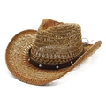 Hollow out straw cowboy hat with western style turquoise rivets and leather band - M (56-58cm) / Natural Wood Color Western Style(05)