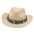 Straw cowboy hat with turquoise stone and bohemian tassels on natural beige weave - One Size (56-58cm) / Beige (Ethnic Style)