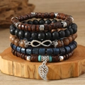 Bohemian multilayer wood bead bracelet set with infinity charm and leaf pendant - Infinity 8 5-piece Set