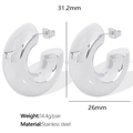 Boucles d'oreilles créoles en C en acier inoxydable argenté avec dimensions de 31,2x26mm - Style Lisse Argenté EH476