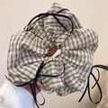 Classic black and white plaid scrunchie with elegant long black ribbon bow details - Beige Plaid Ribbon Bow