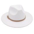 Detail of white wool fedora hat featuring a slim brown leather band and gold buckle - One Size / White