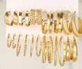 12-pair set of gold-toned geometric hoop and stud earrings displayed on a white card - Gold Hoop Stud Full Set Style (5813901HB)