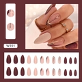 Detail of almond-shaped press-on nails in glitter dark red and nude with gold lines - W391 Matte Dark Red (Glue Type)