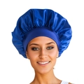 Deep blue satin sleep cap with wide elastic band for hair care and protection - Sapphire Blue
