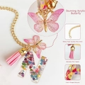 Pink Letter N keychain charm with acrylic butterfly, pink tassel and heart sequins - Letter N