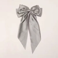 Elegant silver grey satin bow hair clip with long ribbons and silky glossy texture - Gray