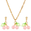 Pink cherry pendant jewelry set with golden chain necklace and matching earrings - Pink Cherry Necklace Earrings Set (N-445)