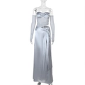 Detailed view of silver satin tube top and maxi skirt set with matching sleeves - S / Silver
