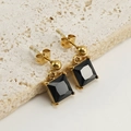 Minimalist 18K gold-plated square drop earrings with black faceted gemstone inlays - Black