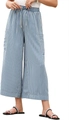 Detail of high-waist striped wide-leg trousers with drawstring and side pockets - S / Light Blue