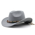 Detail view of grey felt cowboy hat with braided cord and multi-color ethnic beads decoration - M (56-58cm) Adjustable / Light Gray