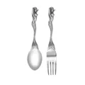 Detailed view of vintage mermaid handle carving on stainless steel spoon and fork set - Mermaid Fork and Spoon Set