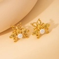 Minimalist 18K gold plated bee earrings with white faux pearls on beige background - Gold Bee Stud Earrings