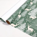 Papel kraft de Navidad verde con renos blancos y motivos de copos de nieve - Serie de Navidad - Reno en la Nieve / 43X300CM