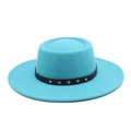 Detail of teal flat top wool hat with black band and silver star studs on white background - M (56-58cm) / Lake Blue