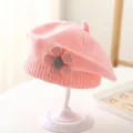 Close-up of pink knit beret for girls featuring a handmade 3D flower and ribbed texture - 3-48 Months / Pink
