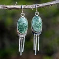 Bohemian vintage oval green gemstone earrings with silver tassel fringe on branch - S603 Green Stone Tassel