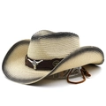 Western straw cowboy hat with bull head ornament and adjustable chin strap on white background - M (56-58cm) / Rice Black