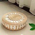 Cojín redondo de paja tejido a mano con detalles de tela blanca y flecos estilo boho - Estilo de Borlas de Encaje / Natural + Blanco