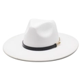 Classic white wide brim wool fedora hat with a black leather band and gold buckle detail - Adult 56-59cm / White