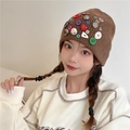 Brown knitted beanie with colorful buttons decor for a unique winter fashion look - One Size / Coffee