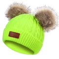 Neon green double pom pom knit beanie hat for kids warm winter fleece lined cute cap - Neon Yellow