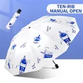 Manual fold white umbrella with bubble tea print and ten-rib windproof structure - 10 Ribs Manual / Milk Tea White