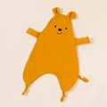 Detail of yellow cotton muslin baby comforter with bear head and knotted corners - Ginger Yellow Embroidery