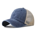 Side view of vintage washed cotton mesh baseball cap with breathable mesh and denim texture - Adjustable / Navy Blue with Beige Mesh