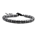 Modern hematite bead bracelet with silver rings and adjustable black braided cord strap - Dark Gray Cylindrical Beads with Silver Spacers Style (NSHB00315)