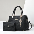 Minimalist black woven pattern handbag set with two pieces and golden hardware - Black