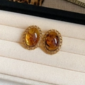 Detail of vintage oval earrings with amber resin and coffee rhinestones in gold setting - 50# Vintage Amber Texture Oval Rhinestone Earrings (925 Sterling Silver Earring Post)