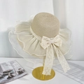 Beige straw beach hat with white organza brim layers and delicate lace bow - Beige Lace Bow
