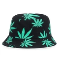 Unisex black sun bucket hat with all-over green leaf print and wide brim sun protection - One Size / Black with Green Leaf (Labeled)