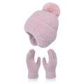 Pink winter knit set featuring earflap beanie with pom-pom and matching gloves - Pink