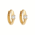 Close-up of gold huggie earrings with a sparkling round zircon in a four-prong setting - Gold Single Solitaire Zircon Hoop