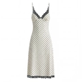 Abito longuette vintage a pois con bordi in pizzo nero e spalline sottili regolabili - S / Pois neri su fondo crema